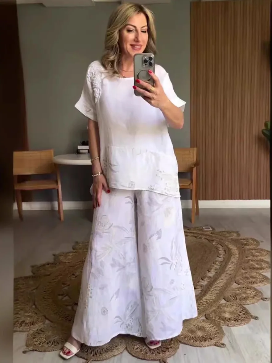 

Casual Printed Two Piece Set Fashion O-neck Short Sleeve Splicing 3D Decorative Pullover Top Elastic Waist Wide Leg Pants Set