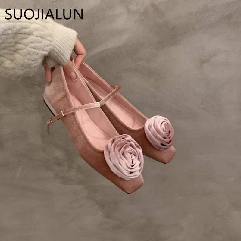 SUOJIALUN Spring Brand Women Flat Shoes Fashion Big Flower Ladies Elegnat Ballerinas Shoes Soft Flat Heel Dress Mary Jane Shoes