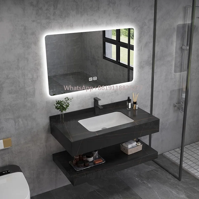 

Factory Supply Modern Hotel Marble Sintered Stone Basin Sink Cabinet Smart LED Mirror Bathroom Vanity