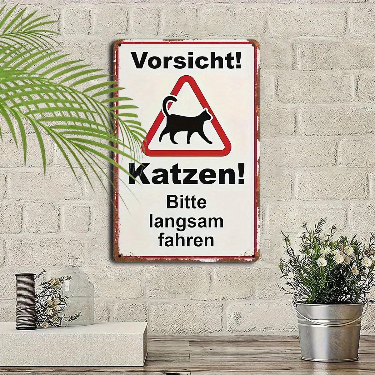 Vintage Cat Warning Metal Tin Sign  - Rustic Distressed Wall Art with Humorous German-Inspired Cat Caution Design, No Power Nee