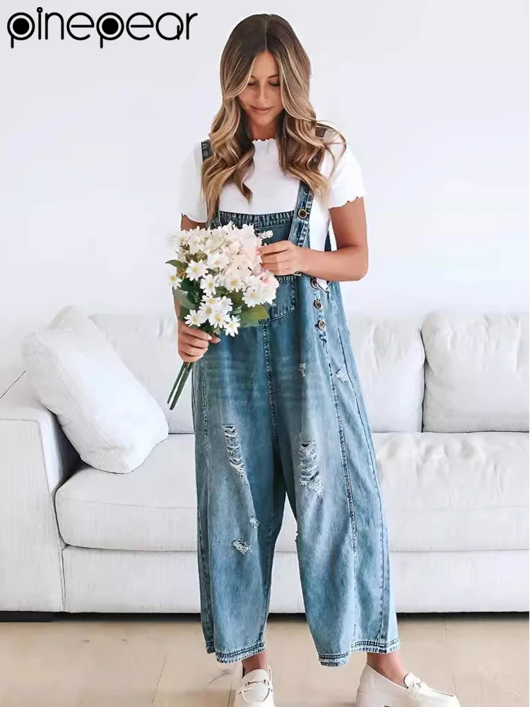 PinePear 2025 Oversized Denim Jumpsuits for Women Playsuit Wide Leg Pants Loose Trousers Overalls One-piece Hole Jeans Jumpsuits