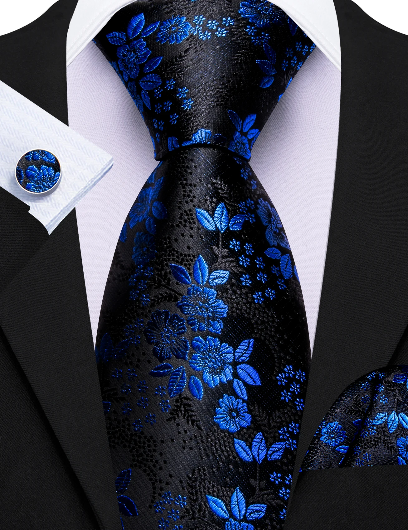 Designer Jacquard Blumen-Krawattenset für Herren Krawatte Einstecktuch Manschettenknöpfe 3-teiliges Set Formelle Hochzeit Business Party Anzug-Accessoires – Detail 8
