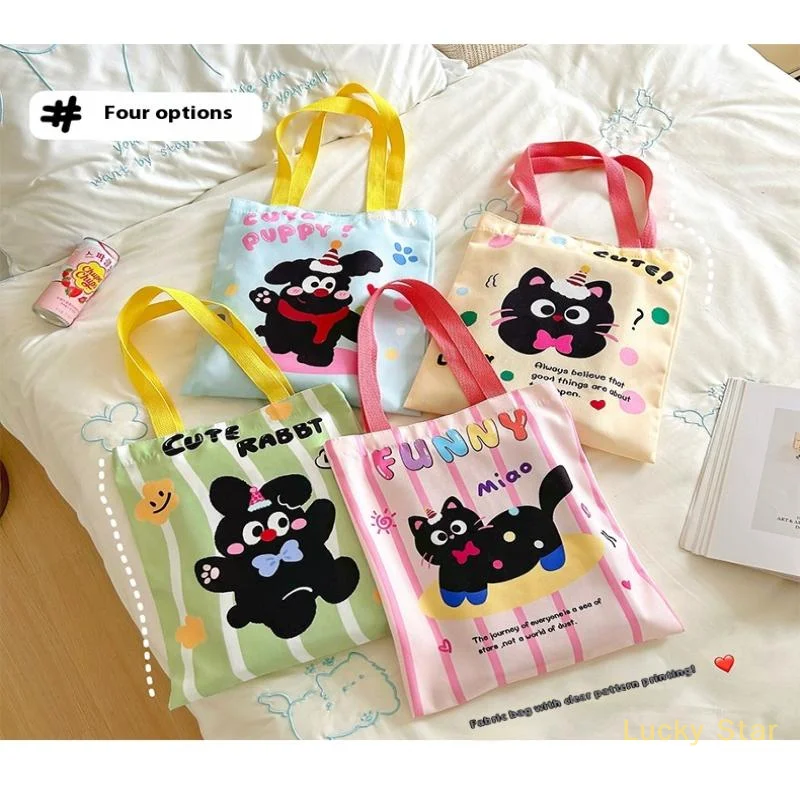 Handheld Cartoon Tutoring Bag High-capacity Canvas School Bag Wave Point Animal Textbook Storage Bag Student