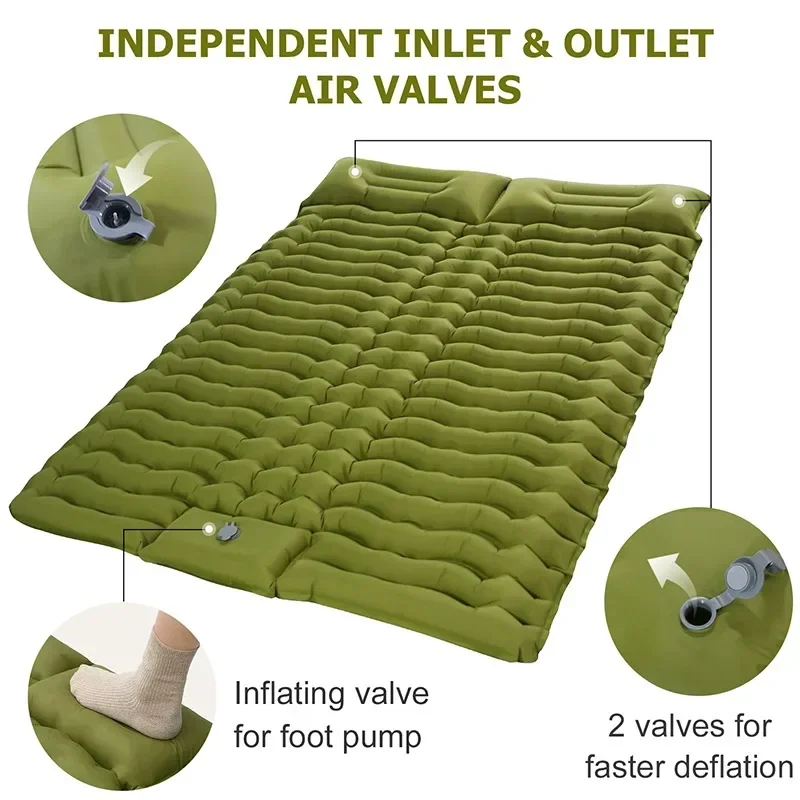 Double Sleeping Pad for Camping Self-Inflating Mat Sleeping Mattress with Pillow for Hiking Outdoor 2 Persons Travel Bed Air Mat