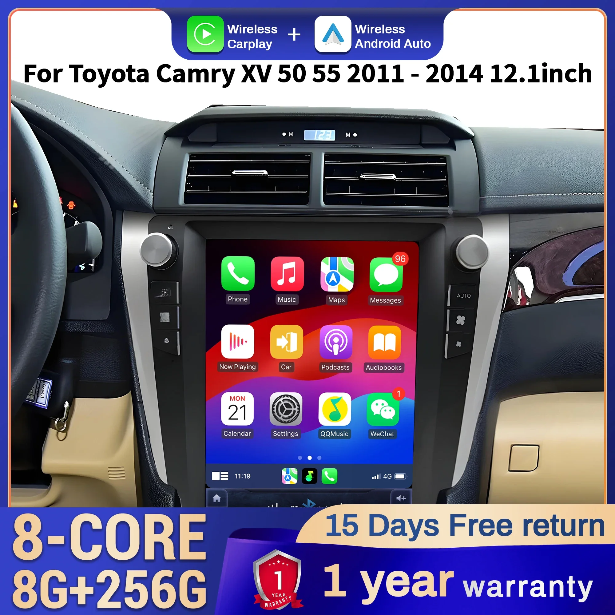 

12.1 Inch Car Radio for Toyota Camry XV 50 55 2011-2014 Android 14 4G Touch Screen Stereo Wireless Bluetooth CarPlay Head Unit