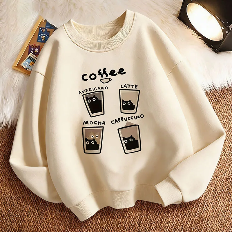 Modischer Kinder-Sweatshirt mit Kaffee-Katzen-Grafik, Pullover mit Rundhalsausschnitt, Niedlicher Cartoon-Hoodie für Jungen/Mädchen