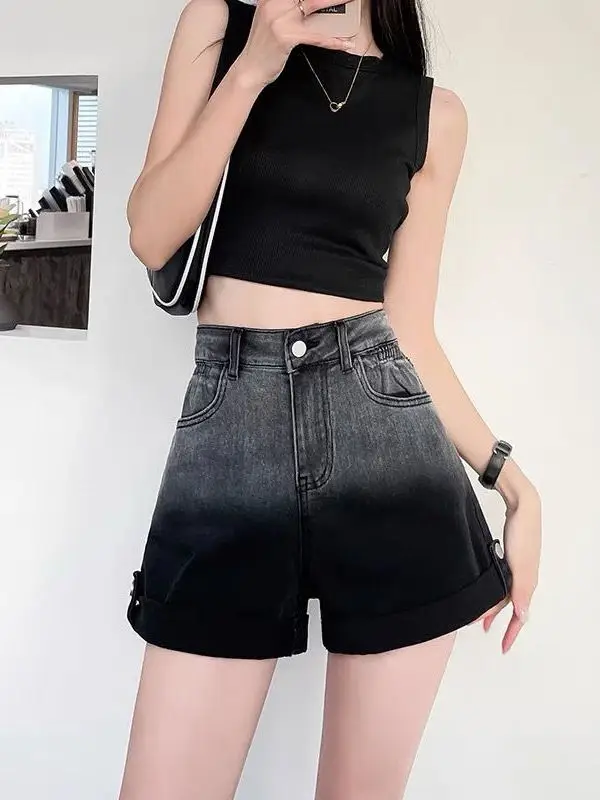 

Fashionable Gradient Black Denim Shorts Women's plus Size Conceal Meat Show Slim High Waist Loose Cuffed Wide Leg Hot Pants C...