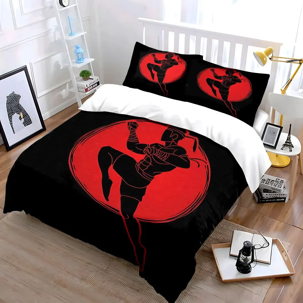 3Pcs Muay Thai Bedding Set, Red Kickboxing Fighter Silhouette Print Duvet Cover + 2 Pillowcases, Martial Arts Decor