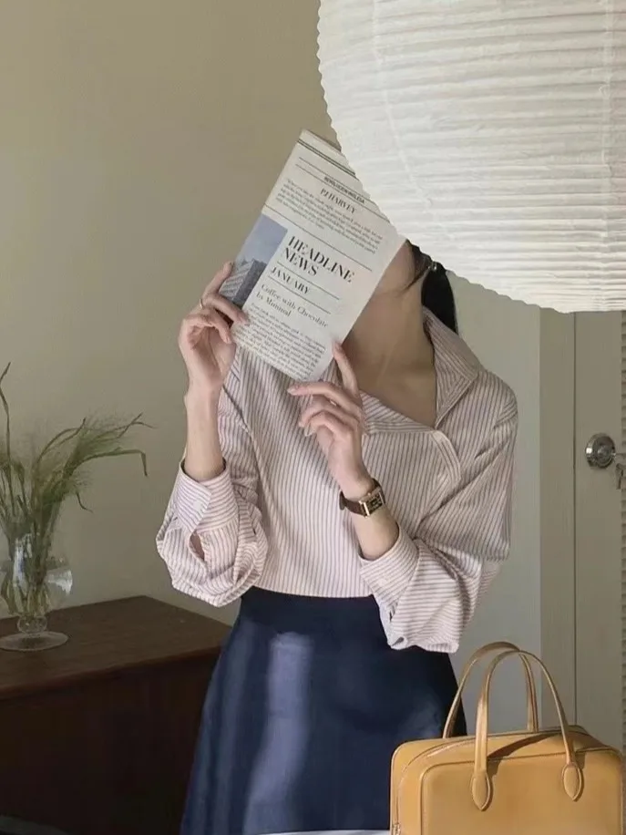 Chic Spring Women's Shirt Loose Fit Stripe Design Turn-down Collar Side Button Lantern Sleeve Top Korean Style Long Sleeve