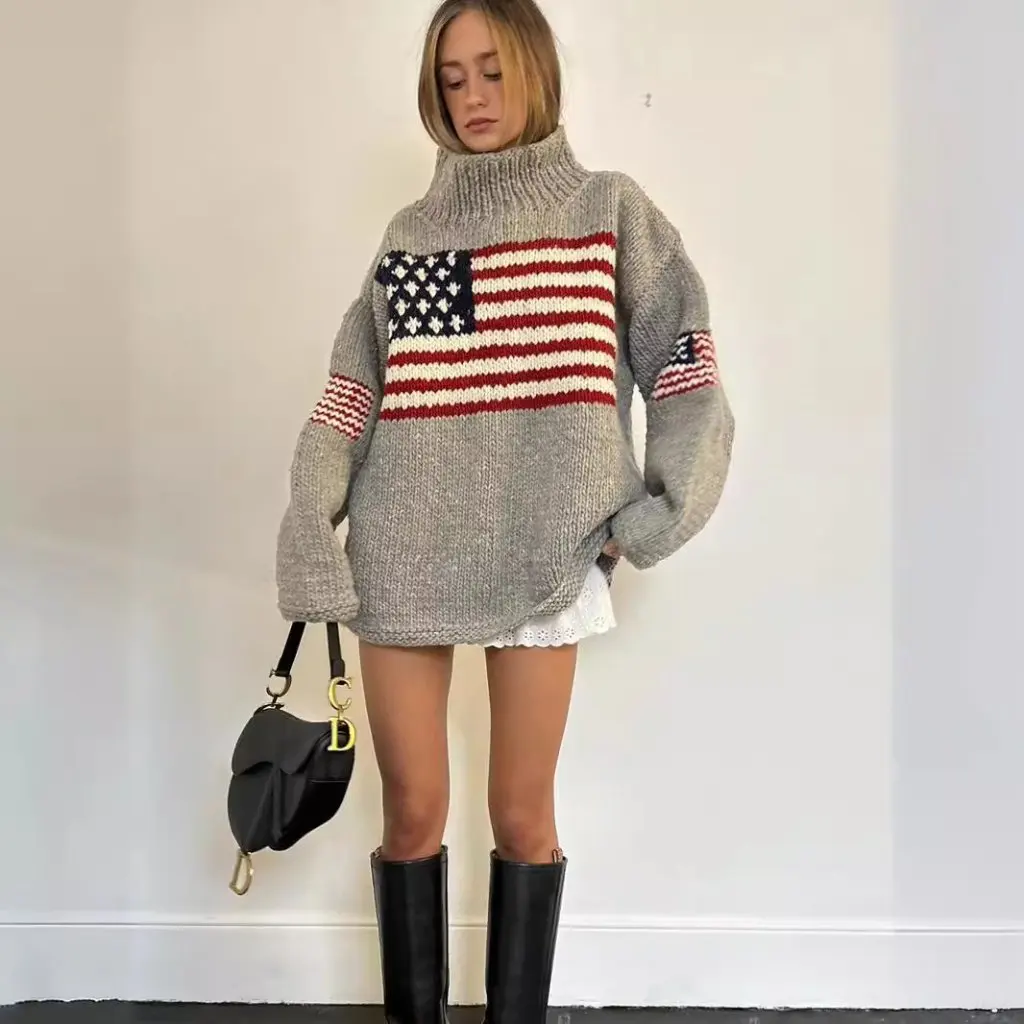 

Y2K Loose plus Size Knitted Sweater Warm Flag Jacquard Autumn Winter Street Vintage Ladies Fashion Wholesale