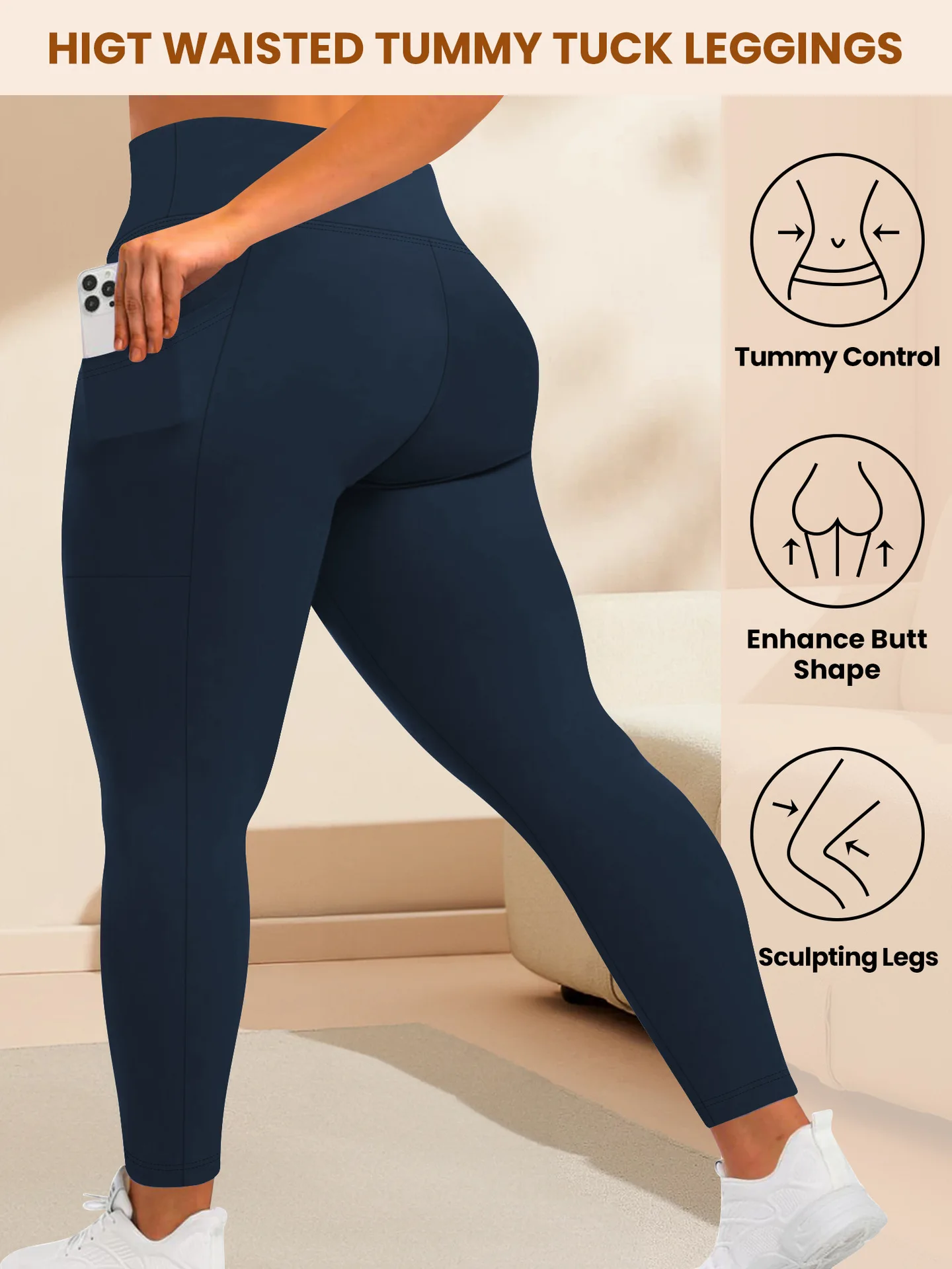 Damen-Yogahose mit hoher Taille, Übergröße, Po-Lifting-Workout-Leggings mit Taschen, elastische Activewear für Fitnessstudio und Laufen – Detail 3