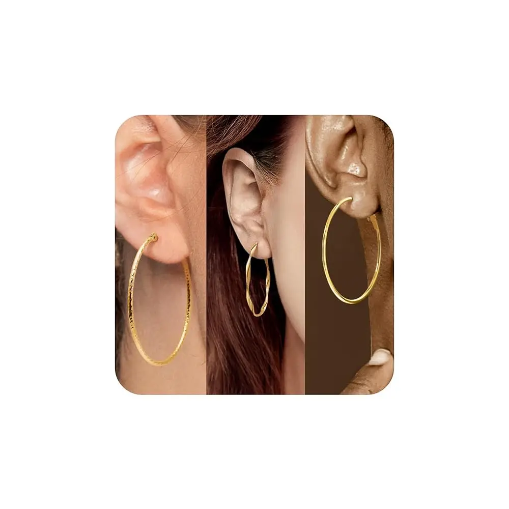

3Pairs Gold Hoops Earrings for Women 14K/18k Gold Plated Lightweight Tortile Huggie Hoop Earring Hypoallergenic Stacking Earr