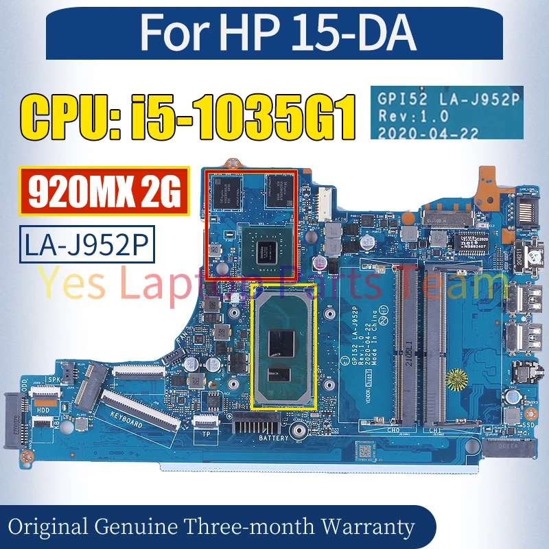 Placa base GPI52 LA-J952P para portátil HP 15-DA, SRGKG, i5-1035G1, N16V-GMR1-S-A2, 920MX, 2G, 100% probada