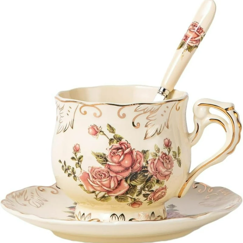 Tea Cup and Saucer Set, 200 ml Ivory China Coffee Cup Set, Vintage Pink Flowers Ceramic Teacups and Dish