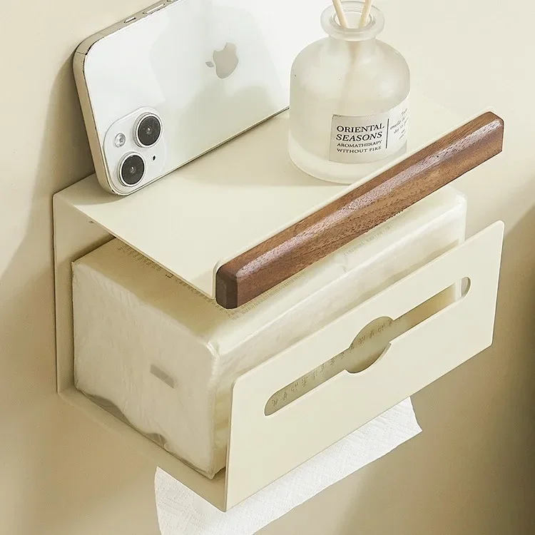 Luxury-inspired Natural Wood Cream-Tone Tissue Holder Wall-Mounted Storage Rack for Bathroom Toilet Paper and Facial Tissue