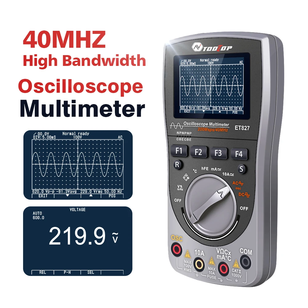 

2in1 Oscilloscope Multimeter 40MHz Analog Bandwidth 200Msps Transistor HFE Temp Frequency Capacitance Ohm Voltage Current Meter