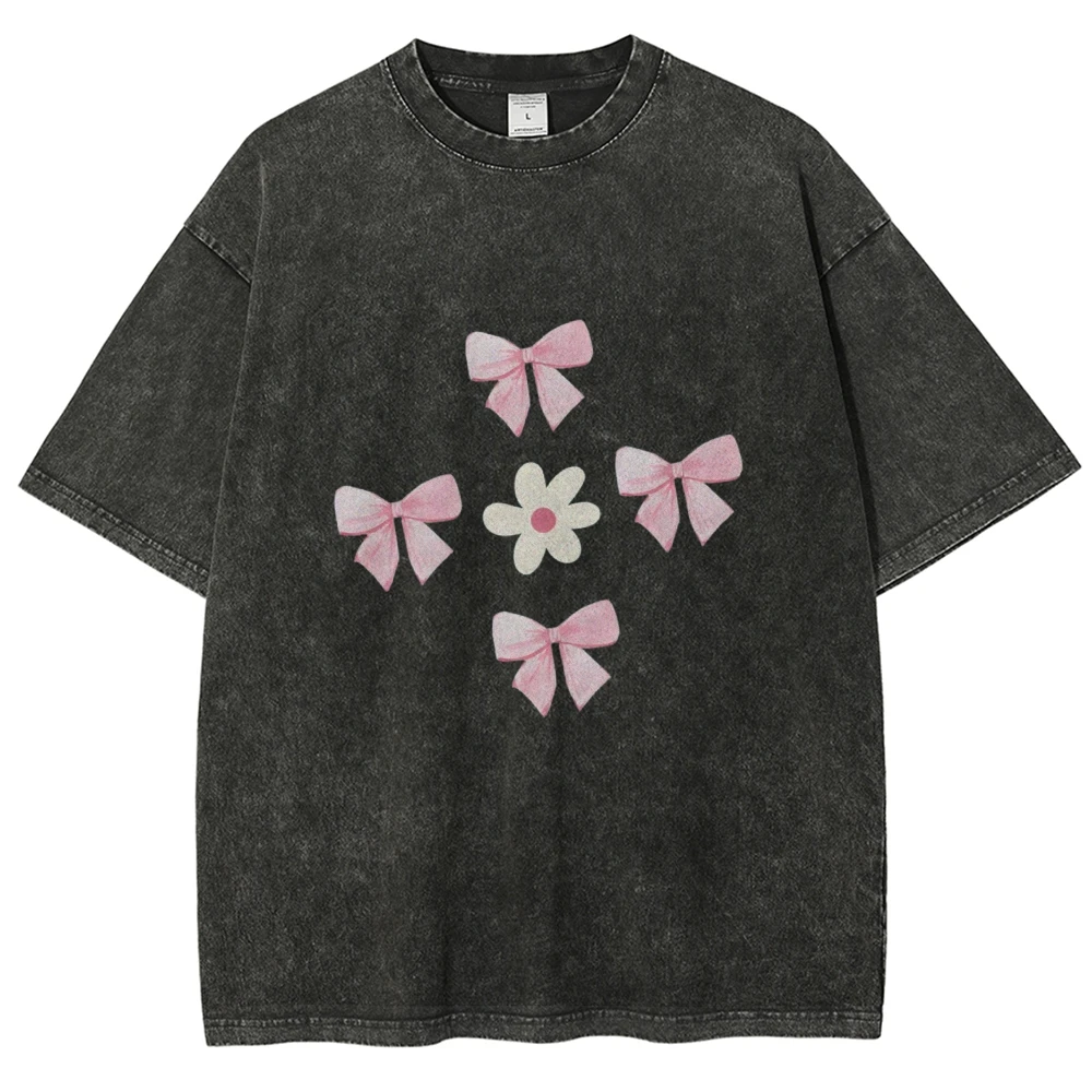 

Pink Ribbon Bow Bloom Unisex Vintage Washed Tee, Sporty Chic T-shirt