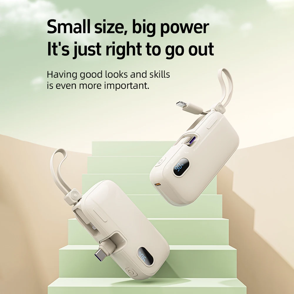 ACEFAST 5000mAh Portable Powerbank Built in USB C Cable For iPhone 16/15/14 Pro Max Mini Extra Battery with LED Digital Display