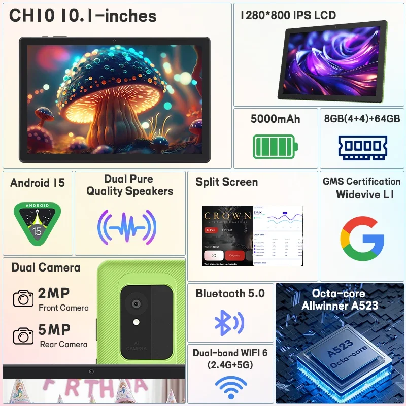 تابلت Android 15، أقراص 10.1 بوصة، ثماني النواة، توسيع 8 جيجابايت + 64 جيجابايت + 512 جيجابايت، شاشة عرض 1280 × 800 رطل، كاميرا مزدوجة، بطارية 6000 مللي أمبير في الساعة