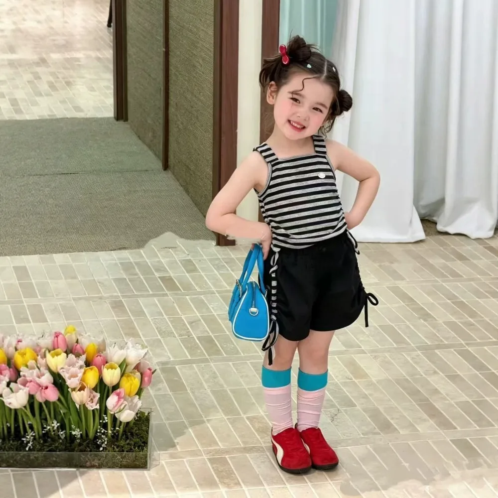026 New Summer Girls 2Pcs Outfit, Striped Cami Top with Shorts & Long Pants Kids Casual Set  for 90-140cm