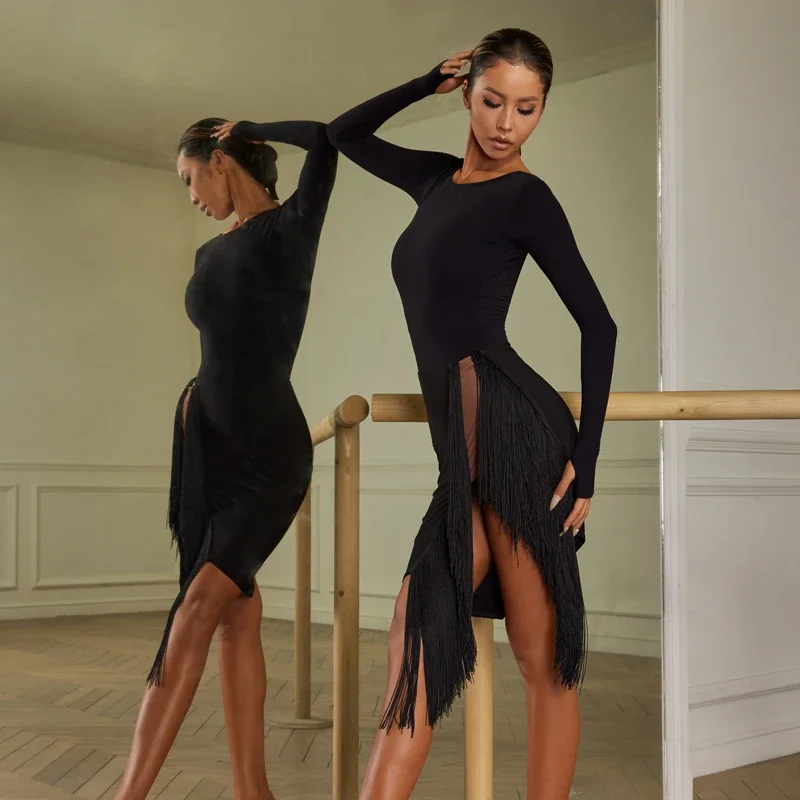 Women Latin Dance Performance Costume Stage Chacha Samba Dancewear Sexy Backless Latin Top Irregular Fringed Skirt