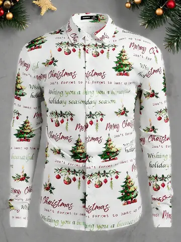Men's Christmas Tree Print Long Sleeve Casual Shirt Suitable For Daily Wear And Christmas, vacation, Husband