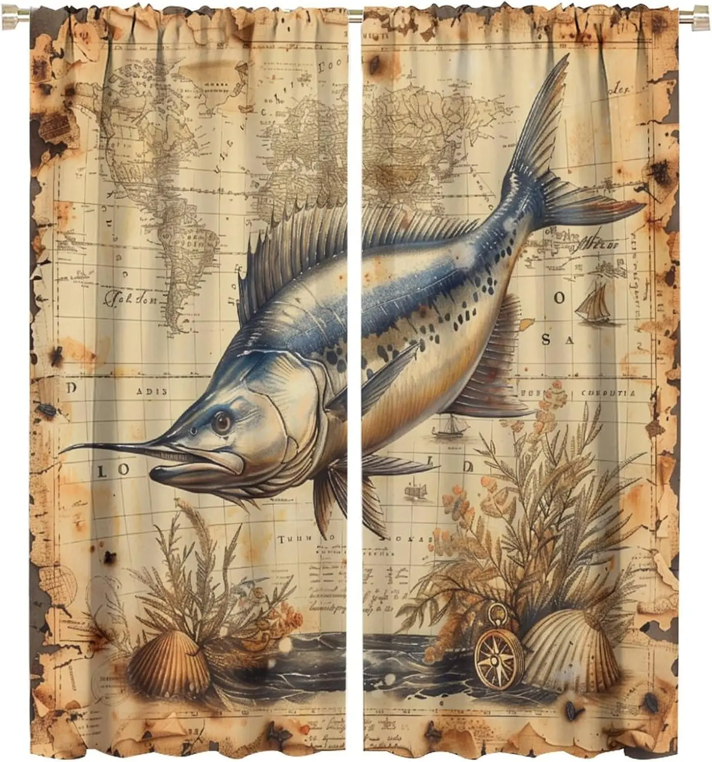 World Map Marlin Fish Blackout Curtains,Retro Ocean Nautical Compass Home Decor Rod Pocket Window Drapes for Living Room Bedroom