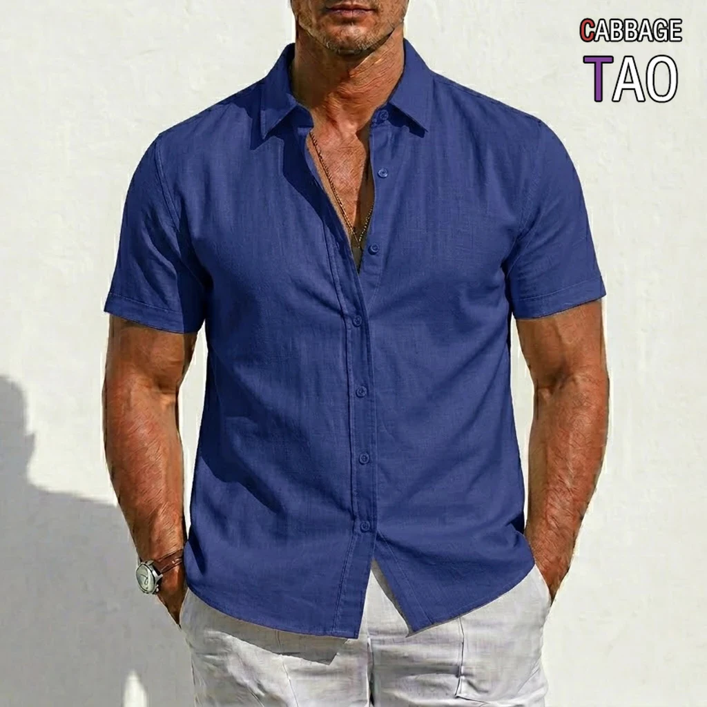 

Mens Cotton Linen Short Sleeve Shirts Summer Breathable Hawaiian Tops Solid Button Beach Wear Elegant Casual Tees for Men