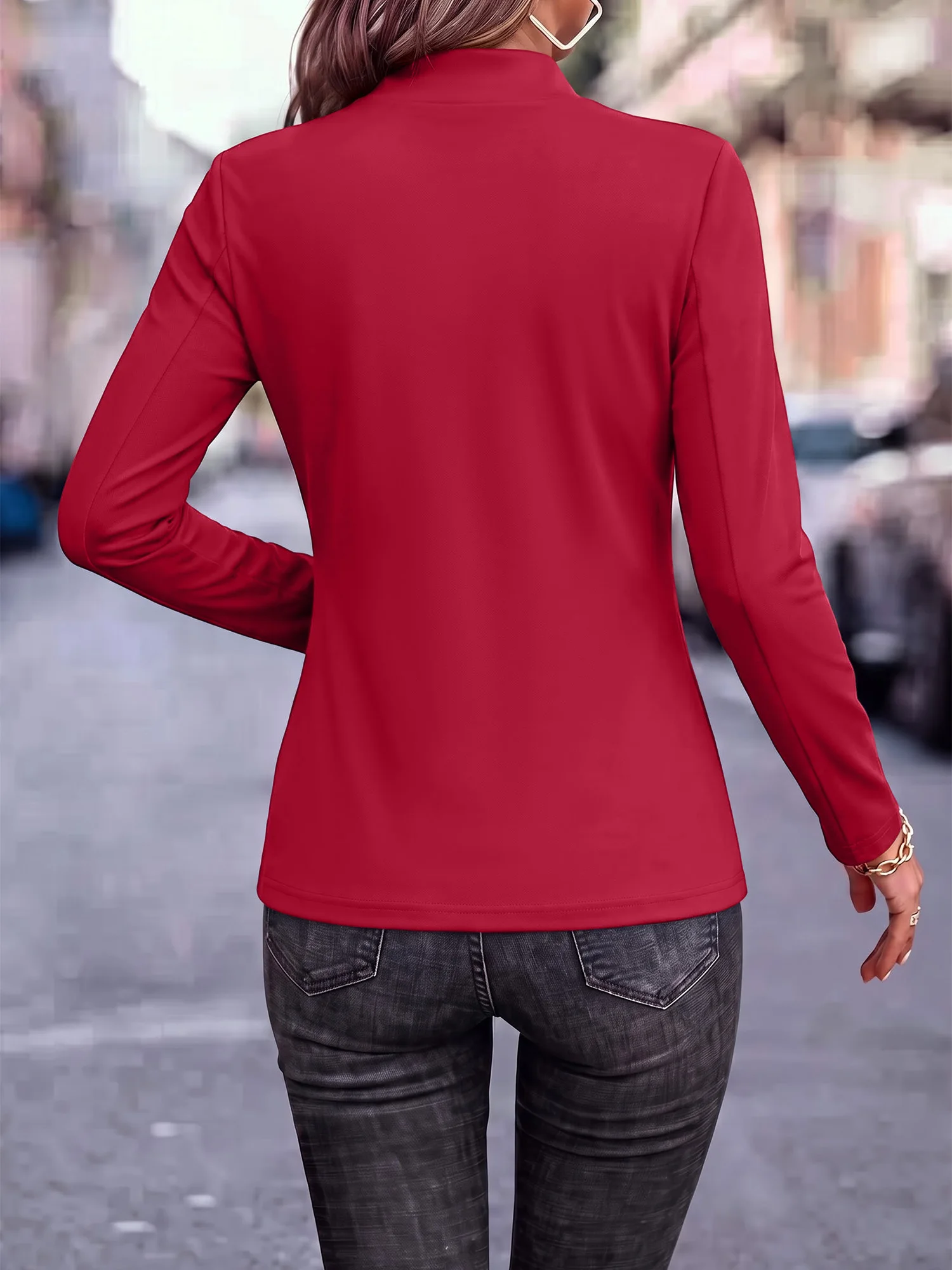 Modischer Damen-Blazer mit Stehkragen, langen Ärmeln, offenem Vorderteil, Business-Casual-Mantel, schmale Passform, Büro-Arbeitsjacke – Detail 7