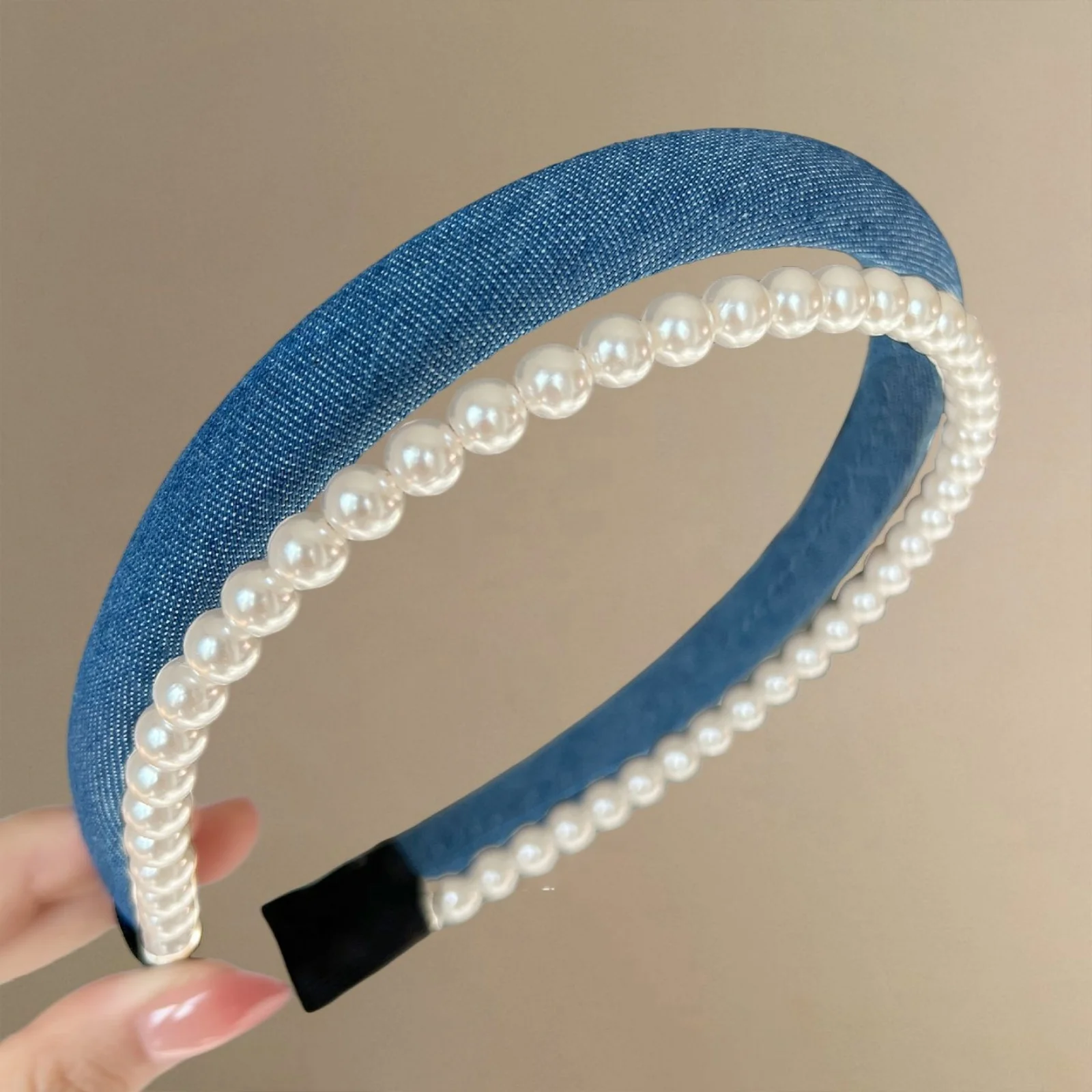 1-teiliges Retro-Denim-Doppelschicht-Perlen-Stirnband für Damen im neuen Stil, luxuriös, stilvoll, schick, geeignet für Hochsteckfrisuren, ideal für Herbstwinte – Detail 5