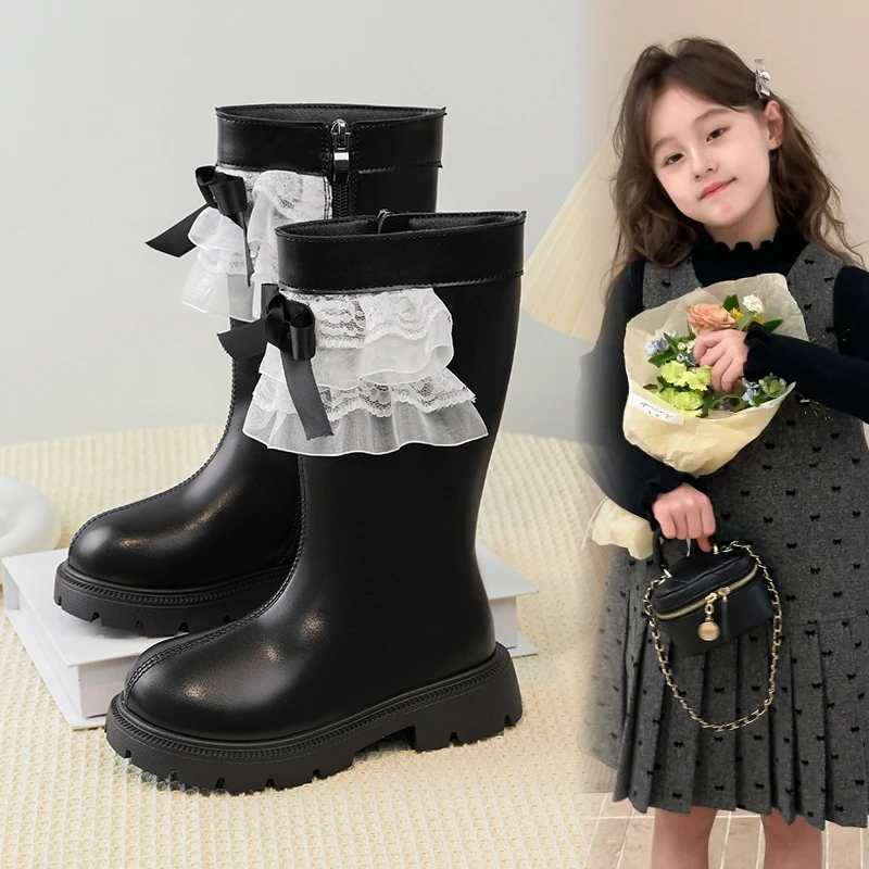

2025 New Winter Children's Fashion Lace Bow Soft Leather and Velvet Middle Boots for Girls Princess Shoes Outdoor Детские Сапоги