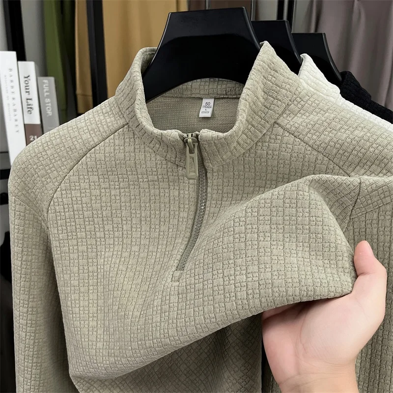 

Fashion unique jacquard men sweatshirt high-end half zipper stand collar long sleeve T-shirt comfort solid color casual pullover