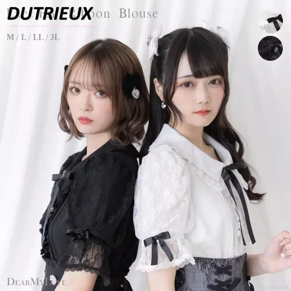 Japanese Sweet Cute Flared Short Sleeve Ribbon Bow Lace Chiffon Blouse Lolita Top Ruffled Black and White Shirt Camisa Feminina