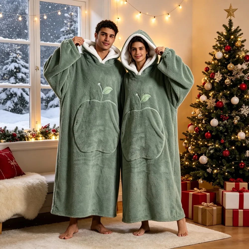 Wearable TV Blankets Women Mens Thick Flannel Warm Blanket One Piece Hooded Adult Robes Extra Long Cozy Soft Robes Pajamas