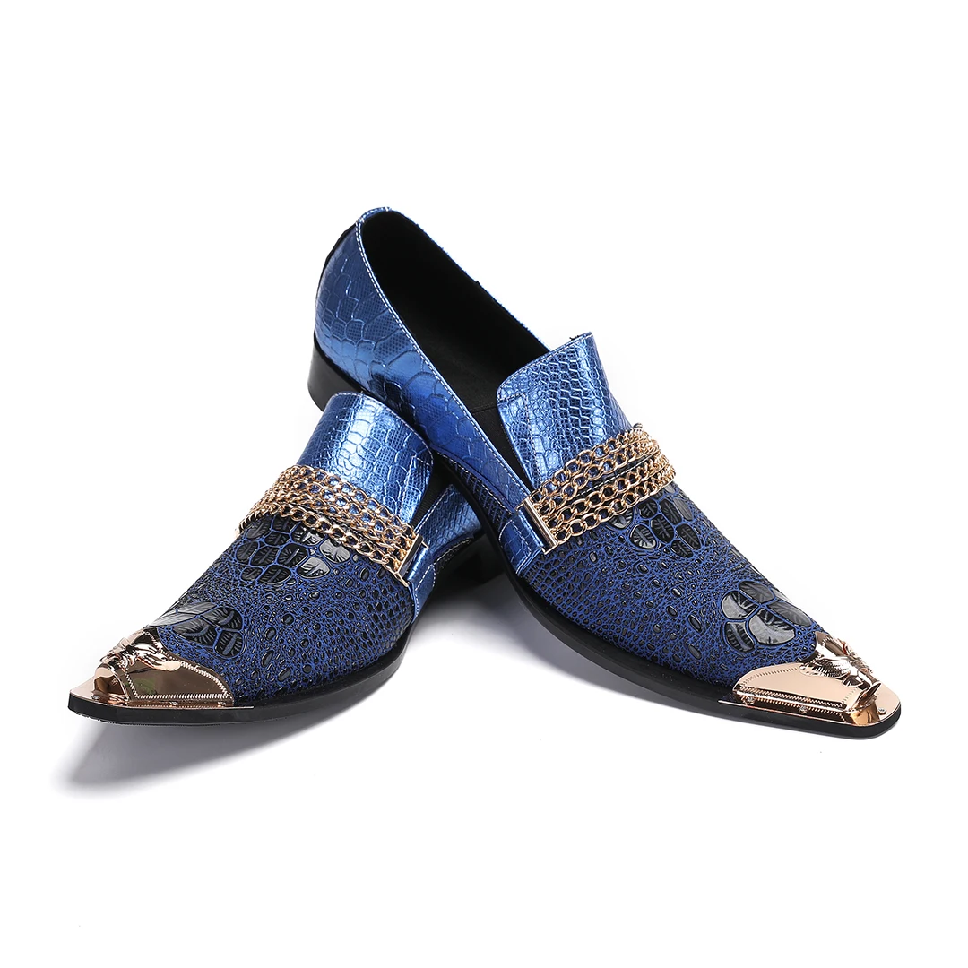 

Summer Slip On Business Dress Mens Derby Shoes Blue Snake Skin Luxury Genuine Leather Shoe Man Pointed Party Trend Oxfords