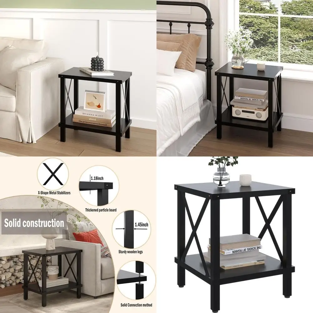 

Industrial Style Metal and Wood Accent Table with Storage Shelf for Living Room and Bedroom - Black