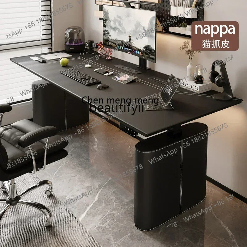 

32Leather surface light luxury computer desk worktable adjustable desk intelligent electric lifting table
