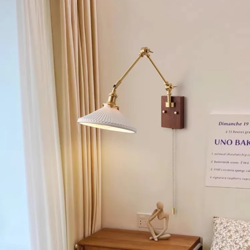 Copper Swing Long Arm LED Wall Lamp Pull Chain Switch Up Down Left Right Rotate Walnut Sconces Bedroom Bedside Study Wall Lights