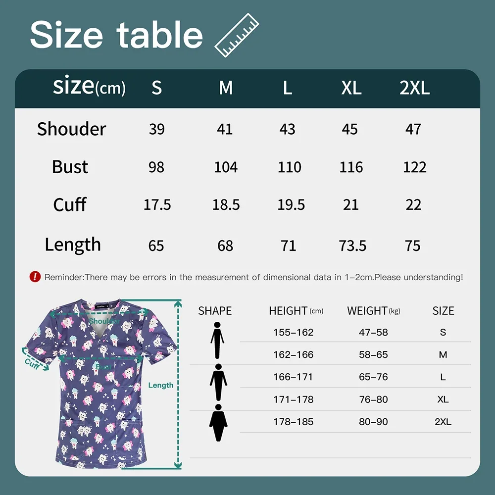 Medical Scrubs Tops Women Short Sleeve Blosue Spa Scrub Shirt Teeth Print Pocket Workwear Dentist Doctor Nurse Christmas Uniform