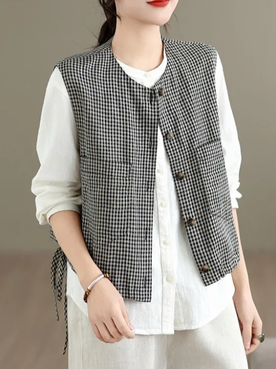 

Trendy Plaid Sleeveless Drawstring Design Loose Large Size Women's Vest Top Slimming Short Style Spring Summer Fashionable