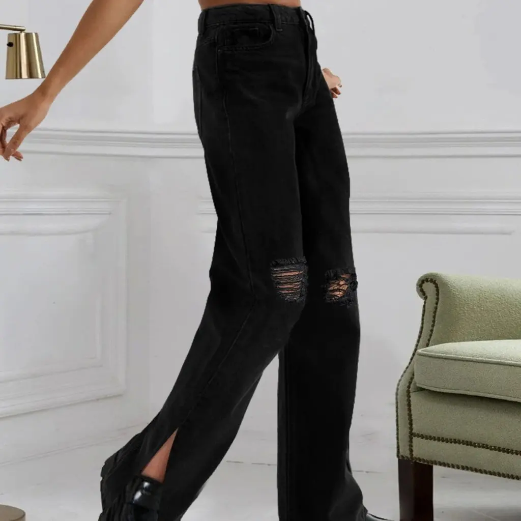 Wishebay Europejska i Amerykańska Moda Uliczna Jeansy Proste z Wysokim Stanem, Dziurami i Rozcięciem dla Wysokich Kobiet