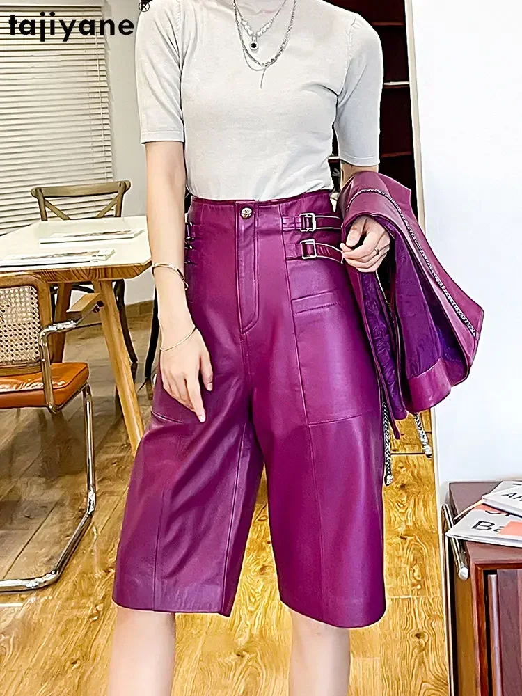 Tajiyane Genuine Sheepskin Leather Pants Women Korean Fashion Spring Summer High Waist Pants Straight Trousers Knee-length SGG