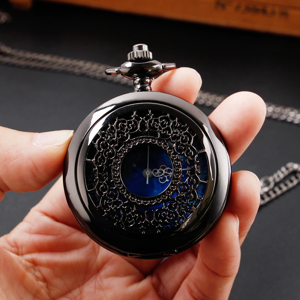 New Art Blue Starry Sky Dial Necklace FOB Chain Skeleton Quartz Roman Numerals Case Pocket Watches With Chain Gifts