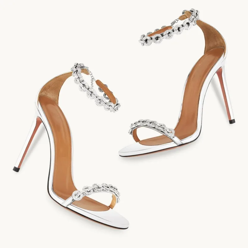 Glitter Rhinestone Chains Silk Strap High Heels Woman Sandals Woman Summer Thin Heels silver Crystal chains Sandals For Women