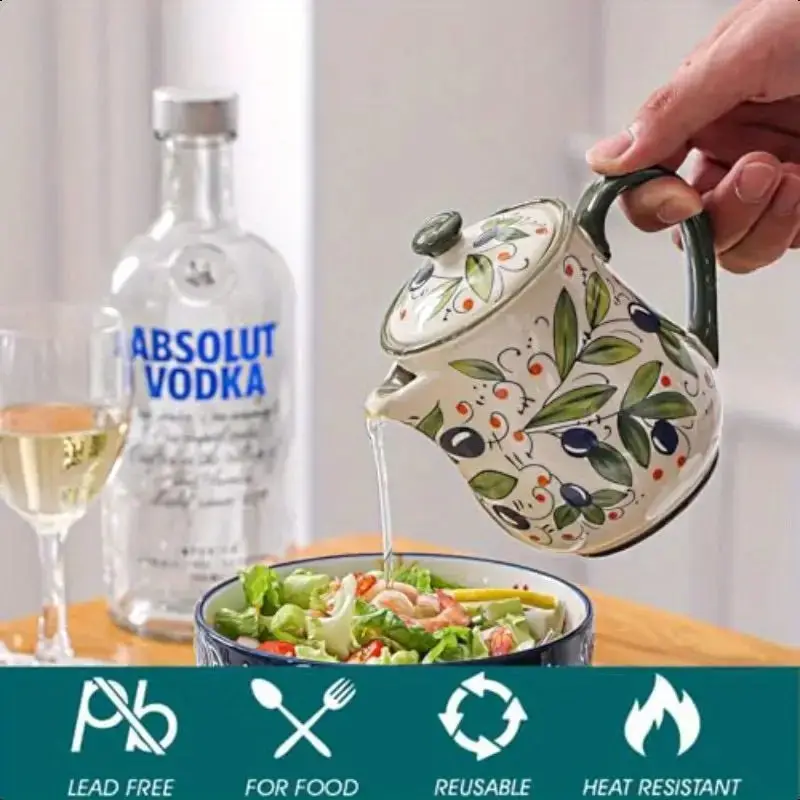 Maceta de aceite de flor de cerámica verde oliva, uso doméstico, botella de aceite de gran capacidad, salsa de soja, contenedor de almacenamiento de aceite de oliva, accesorios de cocina