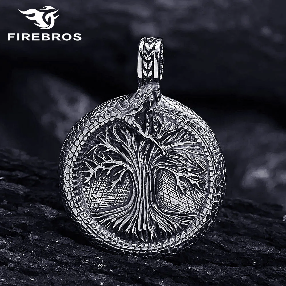 FIREBROS 316L Stainless Steel Vintage Ouroboros Dragon Pendant Yggdrasil Tree of Life Necklace Vegvisir Viking Jewelry for Men