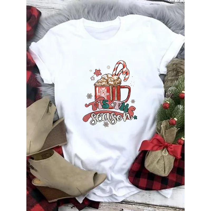Women Santa Reindeer Red Vintage Truck Merry Christmas Print T‑Shirt Short Sleeve Round Neck Xmas Holiday Casual Ladies Daily