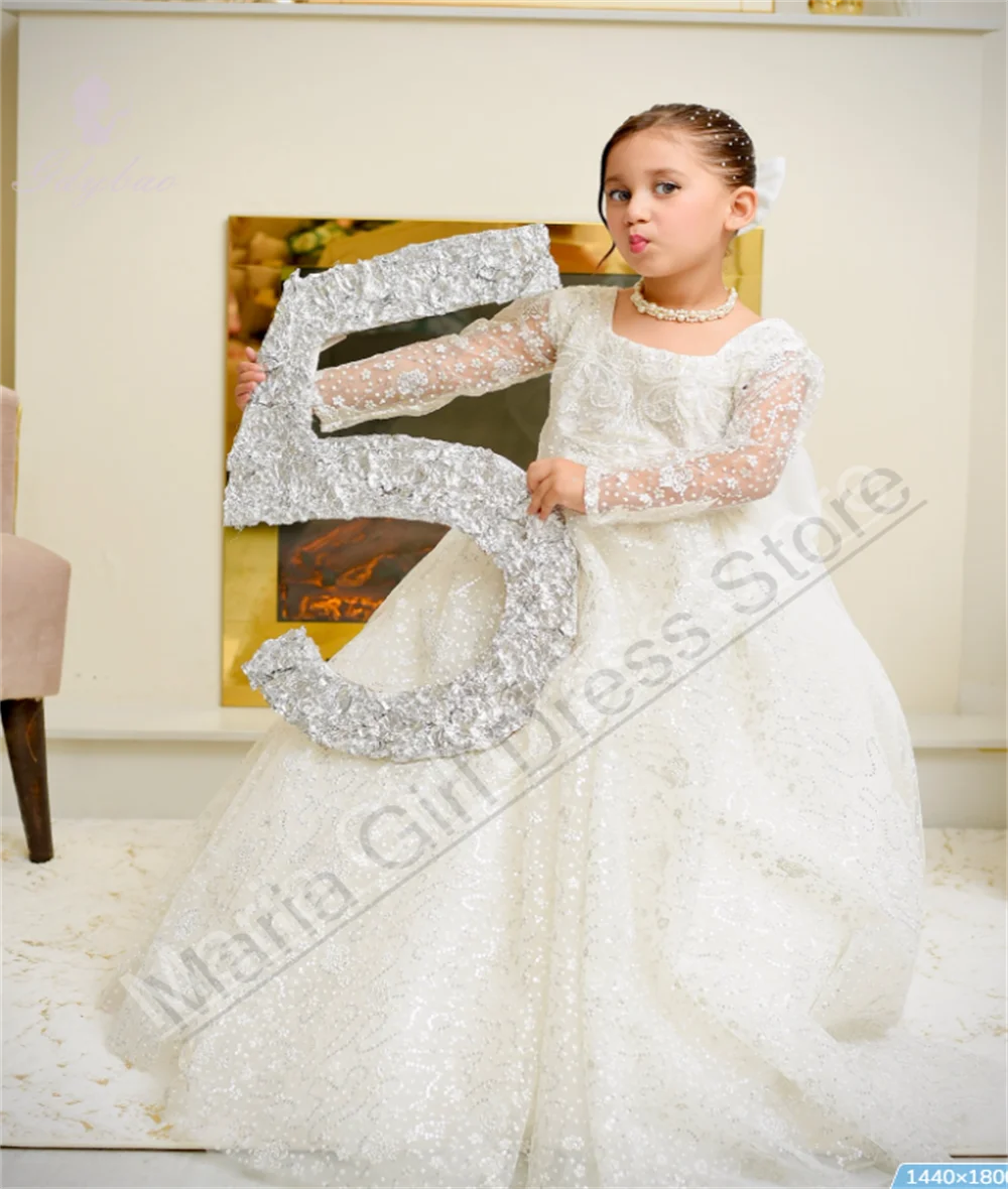 فساتين لحضور الحفلات الموسيقية للفتيات باللون العاجي متألقة ورقبة مربعة وأكمام طويلة تناسب فساتين عرض أعياد الميلاد للأطفال