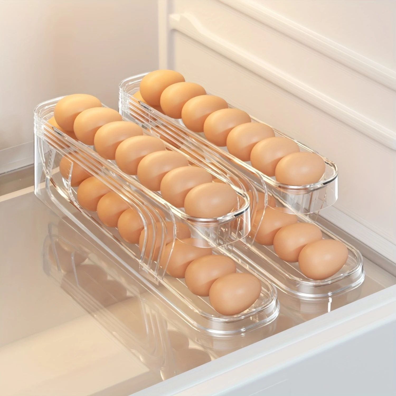 Automatic Rolling Egg Dispenser, Double Layer Egg  Organizer, Clear Plastic Refrigerator Egg Holder with Lid, Food Contact Safe,