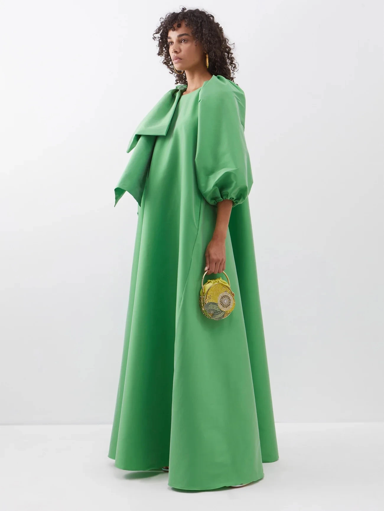 Fresh Green A-line Long Satin Maxi Gowns Puff Sleeves Pregnant Women\'s Dresses Big Bow On Shoulder Modest Prom Gowns